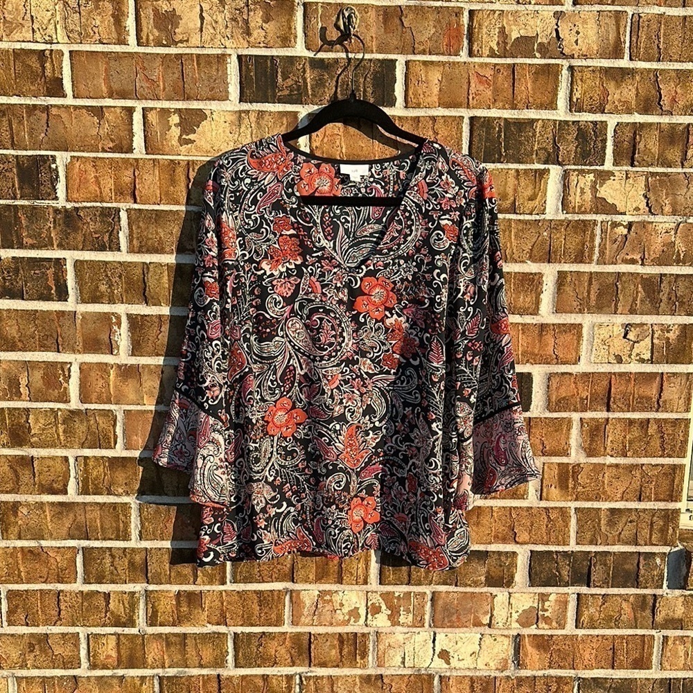 J. Jill Graphic Blue and Pink 3/4 Bell Sleeve Blouse
